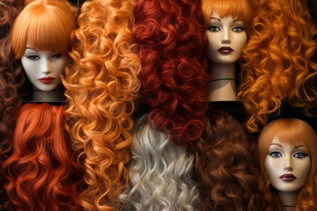 Photo des têtes de mannequins montrant une gamme de styles de perruques
