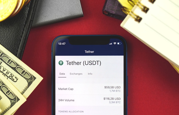 Tether USDT crypto-monnaie, concept de commerce et d'échange de nouvel argent virtuel, banque avec téléphone portable, arrière-plan de l'espace de travail d'affaires, d'investissement et de finance, photo vue de dessus