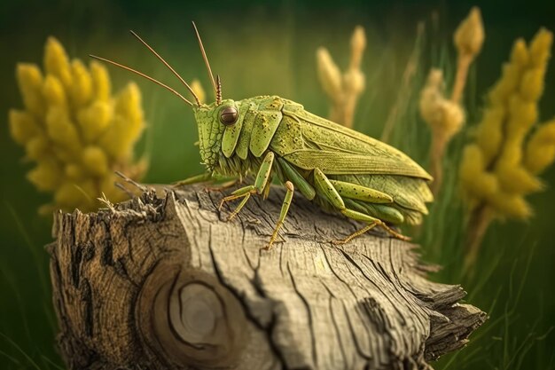 Tettigonia viridissima un rare Great Green Bush cricket reposant sur une souche d'arbre mort dans un pré