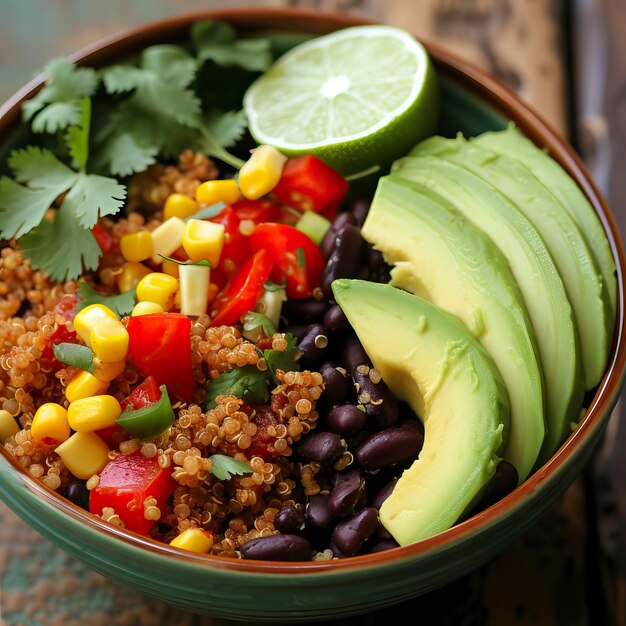 TexMex Quinoa Bowl avec illustration de nourriture à l'avocat et au citron vert