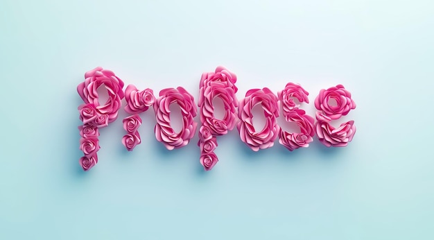 Texte 3D fait avec des roses roses pour le jour de la demande en mariage dans la semaine de la Saint-Valentin