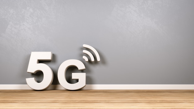 Texte 5G sur plancher en bois contre le mur