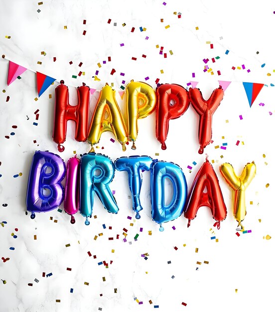 Photo texte de ballon d'anniversaire en papier d'aluminium avec confetti carte de célébration couleurs vives sur fond naturel