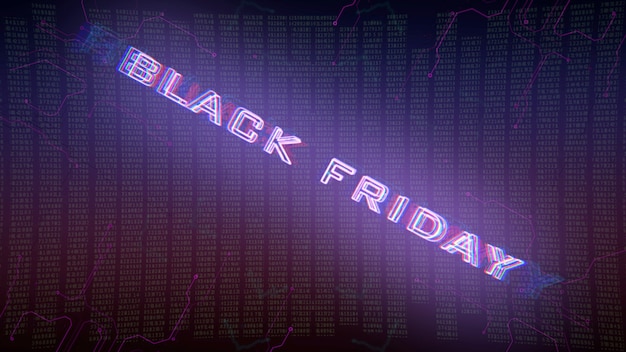 Photo texte black friday et fond cyberpunk avec matrice informatique et grille. illustration 3d moderne et futuriste pour le thème cyberpunk et cinématographique