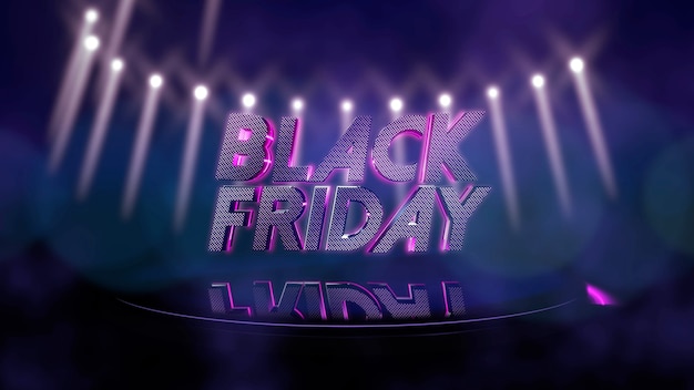 Texte Black Friday et lumières disco violettes, abstrait. Illustration 3d de style club néon dynamique élégant et luxueux