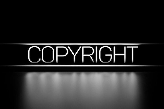 Le texte du droit d'auteur est blanc brillant sur un fond noir Rendu 3D de la bannière du droit d'auteur au néon