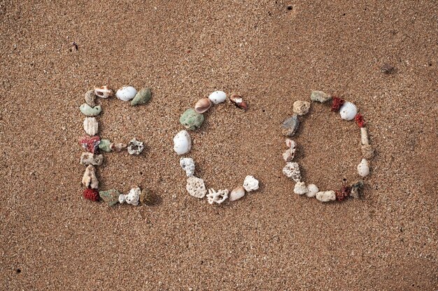 Texte eco fabriqué à partir de coquillages sur une plage de sable