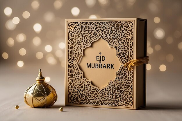 Le texte d'Eid Mubarak à côté des boîtes de cadeaux d'eid