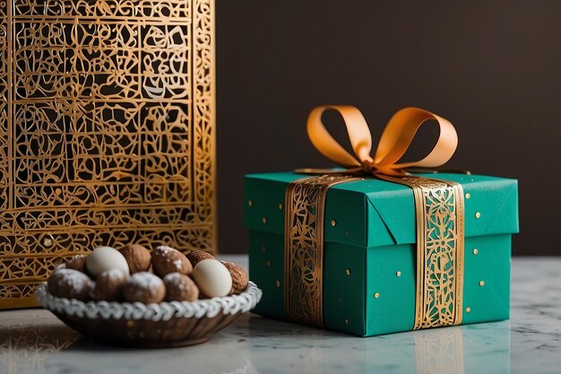 Le texte d'Eid Mubarak à côté des boîtes de cadeaux d'eid