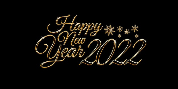 Photo texte élégant de bonne année 2022 avec des lettres d'or et des flocons de neige sur un fond noir