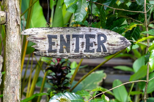 Texte entrer sur une planche de bois dans une jungle de la forêt tropicale de l'île tropicale de Bali, Indonésie