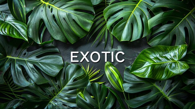 Texte exotique avec des feuilles vertes tropicales à l'arrière-plan