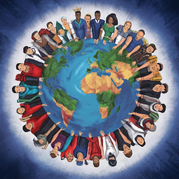 Texte de la journée mondiale de la population avec des personnes diverses et une catastrophe terrestre Journée mondiale des réfugiés Journée des droits de l'homme