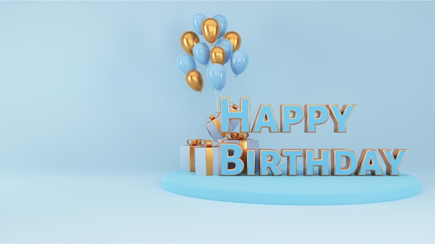 Texte de joyeux anniversaire 3D avec coffrets cadeaux et bouquet de ballons brillants sur fond de podium bleu