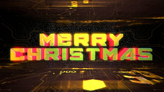 Texte joyeux Noël et fond cyberpunk avec puce informatique et lumières