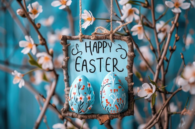 texte joyeux Pâques et œufs de couleur pastel sur bleu ai généré