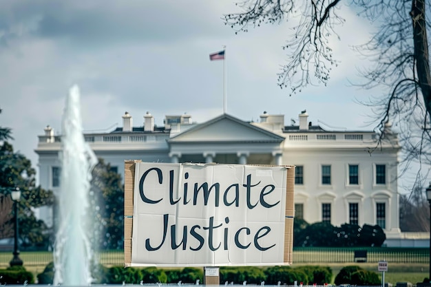 Texte sur la justice climatique sur une bannière devant la Maison Blanche à Washington DC