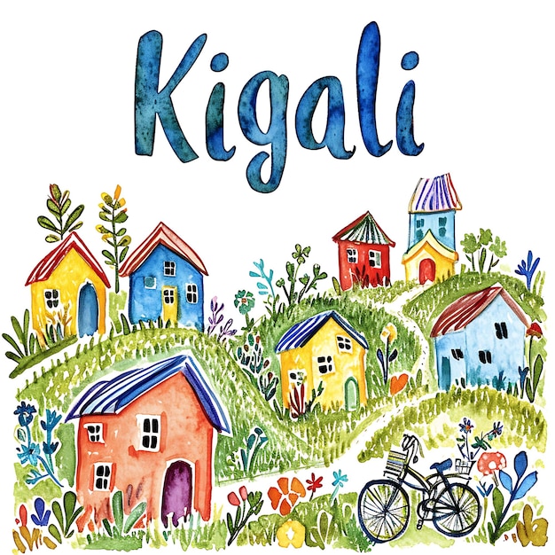 Texte de Kigali avec une typographie ludique dessinée à la main, style aquarelle, collection d'art du paysage