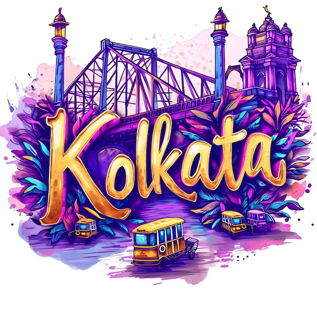 Texte de Kolkata avec une conception de typographie artistique et expressive Collection d'arts du paysage aquarelle