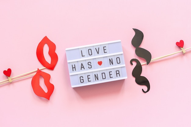 Texte lightbox L’amour n’a pas de sexe, quelques lèvres de papier moustachues.