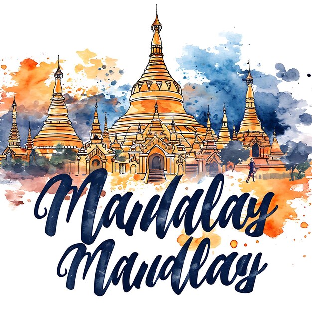 Texte Mandalay avec un design typographique gracieux et fluide dans la collection d'arts paysagers aquarelle