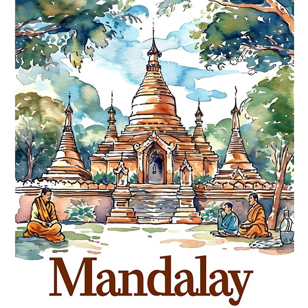 Texte Mandalay avec un design typographique gracieux et fluide dans la collection d'arts paysagers aquarelle