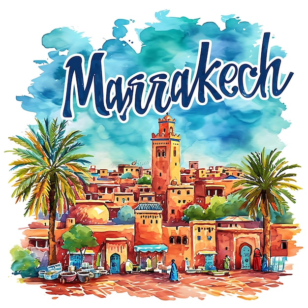 Texte de Marrakech avec typographie vibrante peinte à la main Design S Collection d'arts de paysage aquarelle