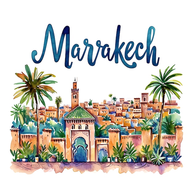 Texte de Marrakech avec typographie vibrante peinte à la main Design S Collection d'arts de paysage aquarelle