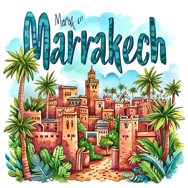Texte de Marrakech avec typographie vibrante peinte à la main Design S Collection d'arts de paysage aquarelle
