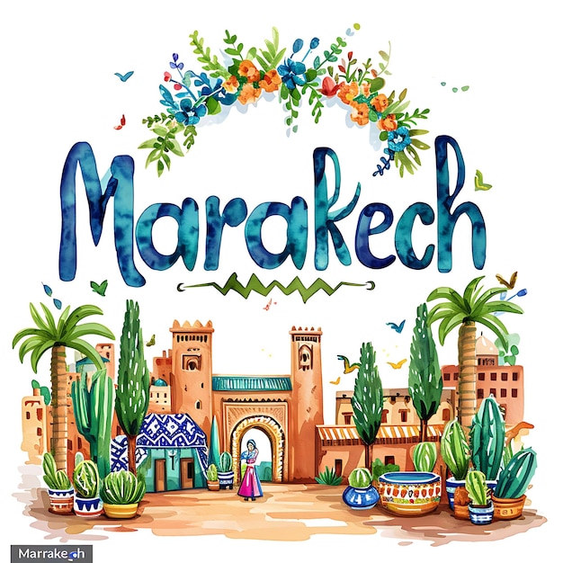 Texte de Marrakech avec typographie vibrante peinte à la main Design S Collection d'arts de paysage aquarelle