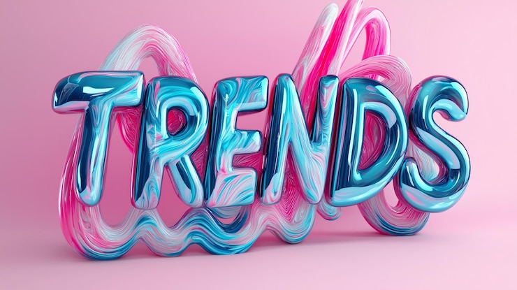 Photo texte en métal liquide 3d trend en bleu et rose sur un fond rose doux