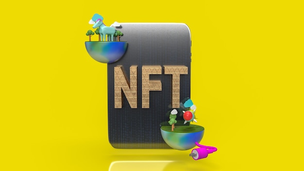 Le texte nft or sur tablette fond jaune rendu 3d