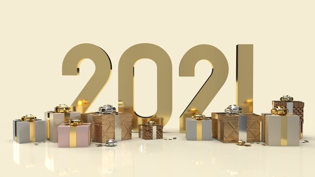 Le texte d'or et la boîte cadeau pour le contenu du nouvel an