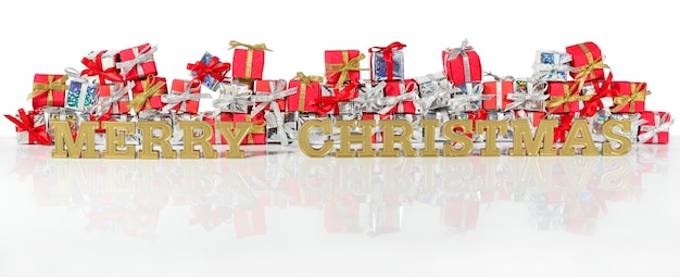 Texte d'or de Joyeux Noël sur le fond des cadeaux argentés et rouges