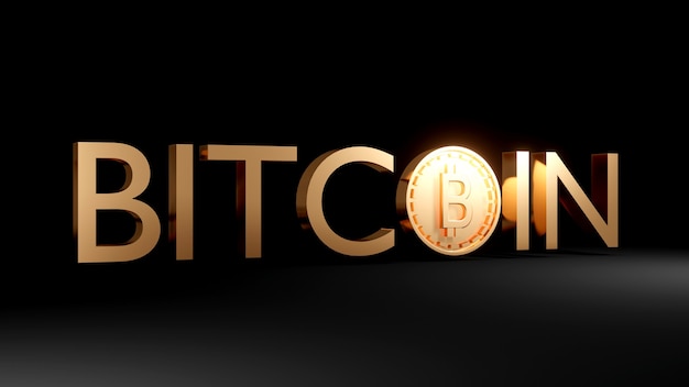 Texte d'or de rendu 3D BITCOIN avec pièce utilisant comme O sur fond sombre