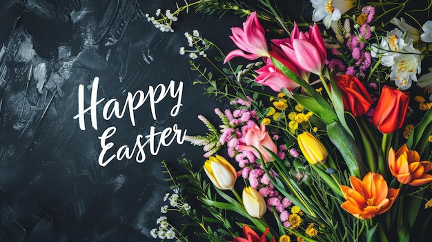 Texte de Pâques avec de belles illustrations de fleurs colorées Bonne bouquet de bord