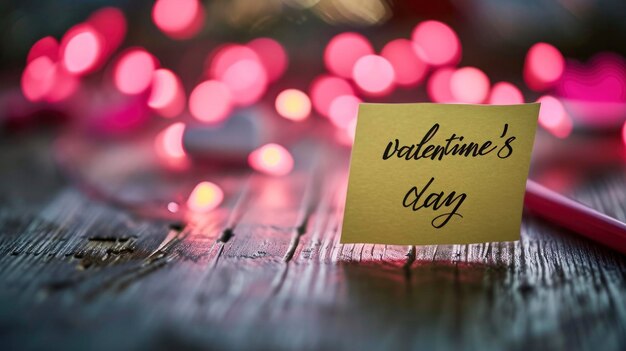 Photo le texte de la saint-valentin écrit sur une note collante sur une table en bois sur un fond bokeh