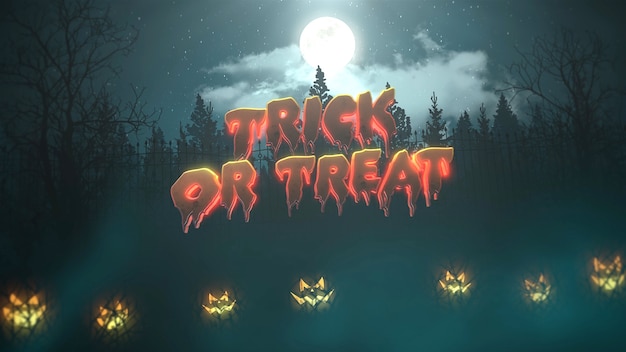 Texte Trick or Treat sur l'animation d'Halloween avec la forêt et les citrouilles, toile de fond abstraite. Illustration 3d luxueuse et élégante du thème de l'horreur