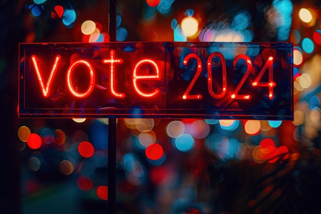 Texte Voter 2024 avec des lumières rouges et bleues brillantes à l'arrière-plan flou