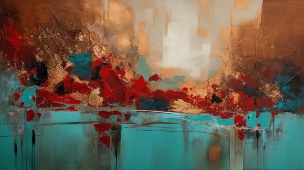Une texture abstraite minimaliste de peinture rouge turquoise et or AI générative