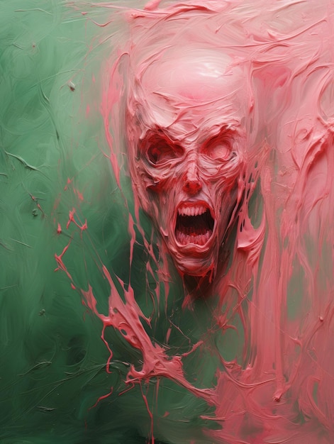 Texture abstraite de peinture à l'huile rose et zombie sur toile verte générée par ai