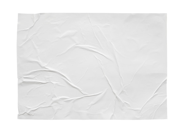 Texture d'affiche de papier autocollant froissé et froissé blanc blanc isolé sur fond blanc