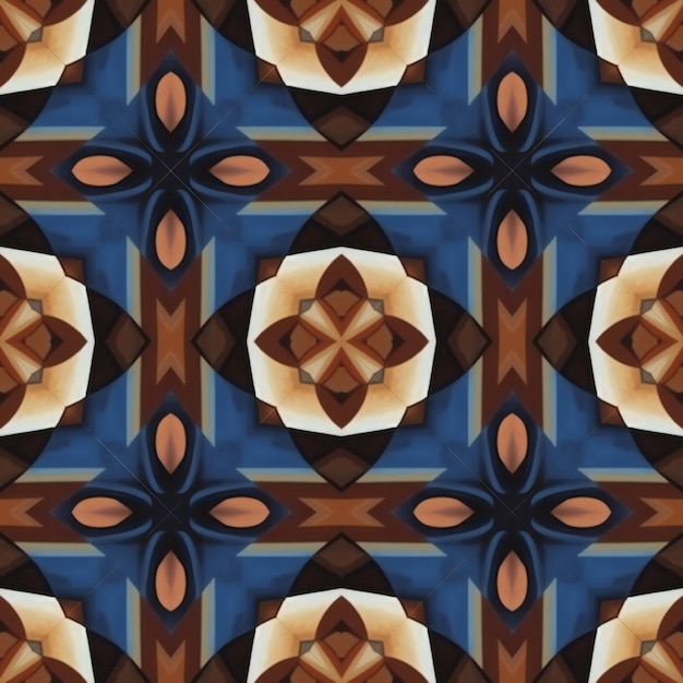 Texture ou arrière-plan généré sans couture ornemental kaléidoscopique en marron et bleu