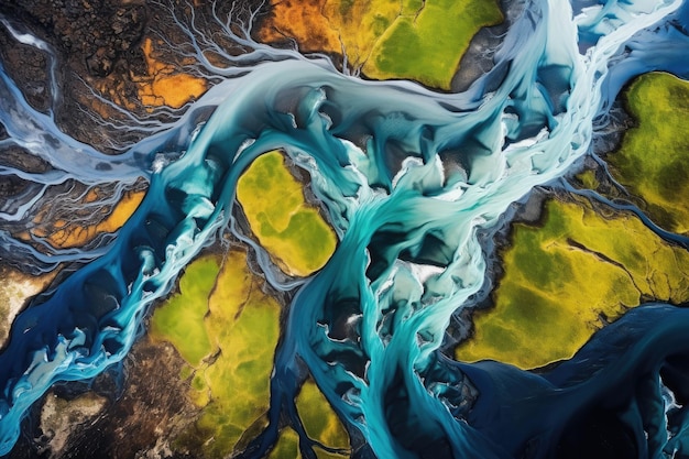 Texture d'art fluide Arrière-plan abstrait avec effet de mélange de peinture Art d'acrylique liquide Médias mixtes Vue aérienne d'en haut sur un ruisseau de glacier vert et bleu dans le sud de l'Islande