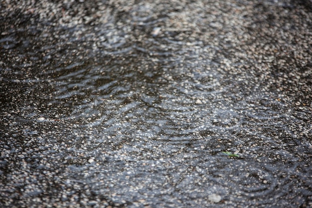 La texture de l'asphalte avec des gouttes de pluie tombant détail