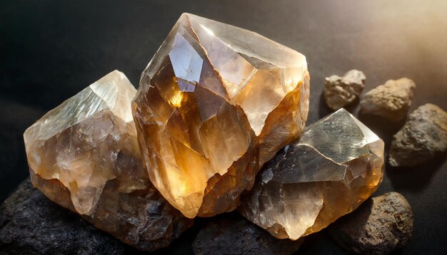 Texture de bijou de quartz fumé élégant sur fond noir Minéral naturel en cristal brillant