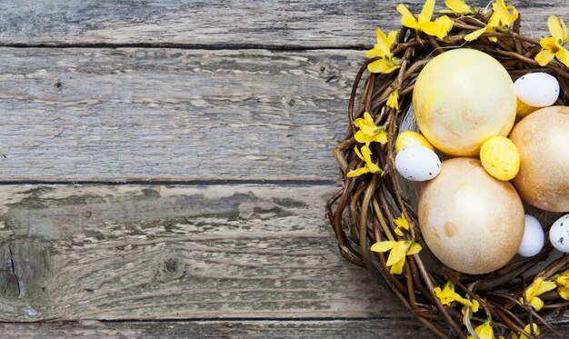 Texture en bois avec des œufs dorés et jaunes dans un nid avec des fleurs. Copiez l'espace pour votre texte de Pâques