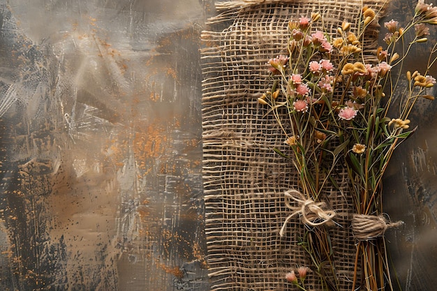 Photo texture de burlap avec des fleurs séchées et un collage rustique en fil e collection de décoration d'arrière-plan créative