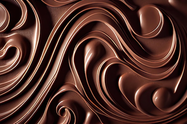 Texture de chocolat fondu Vagues de crème de cacao Maquette de sauce fluide et soyeuse Illustration IA générative abstraite