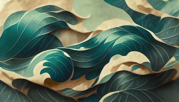 Photo texture de coup de pinceau bleu et vert avec motif de vagues de l'océan japonais en illustration 3d de style vintage